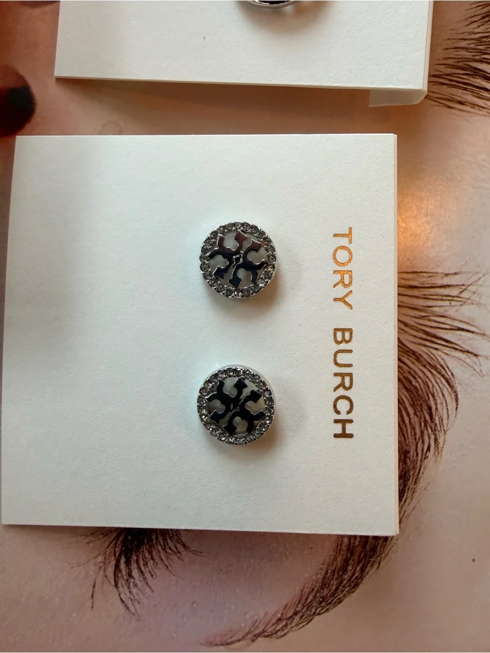 Tory Burch Silver Logo Stud Earrings with Black Enamel